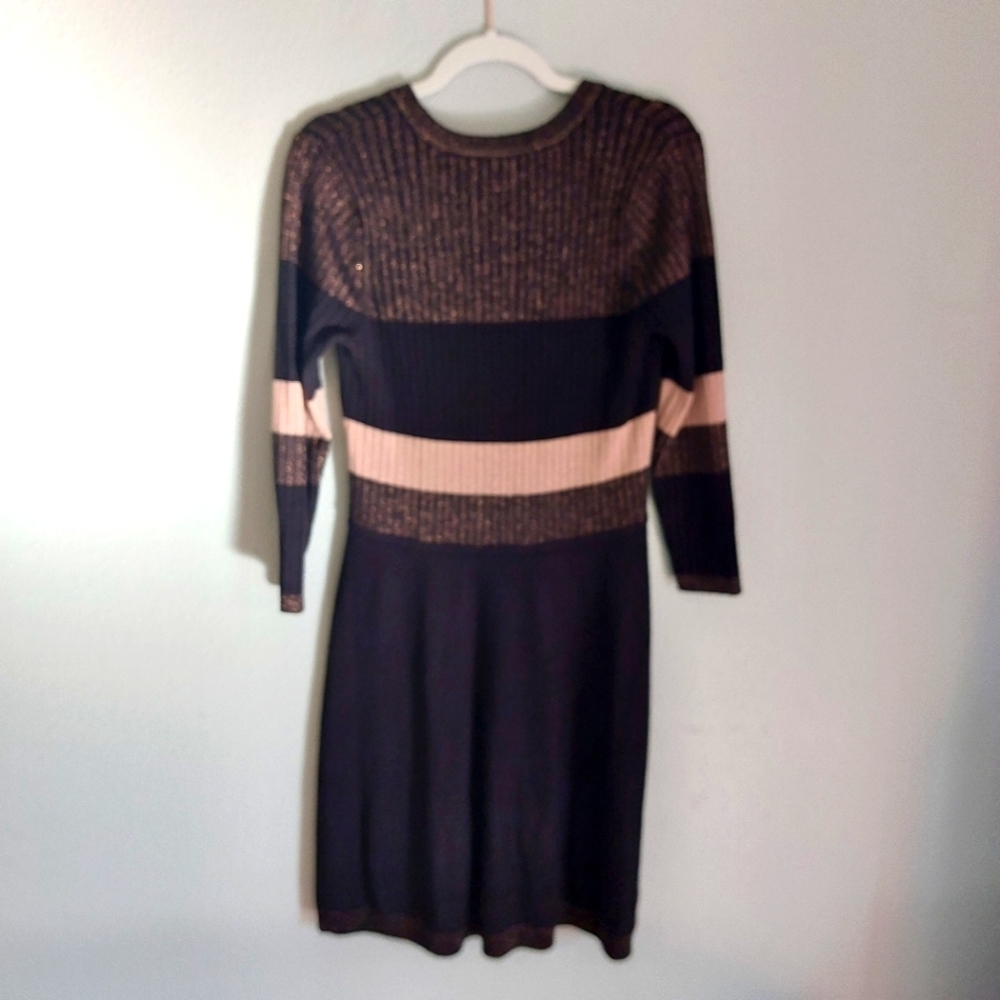 Eliza J Ribbed Fit & Flare Sweater Dress Pink shimmer black size.Large W… - Picture 9 of 10